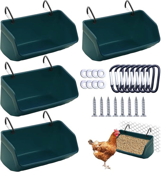 Fence Hanging Chicken Feeder - 4 Pack Feed Trough with Clips for Goat Duck Sheeple Horse Goose, Pig Poultry, Chicken Feeder Bucket Feeding Container for Livestock (Green)