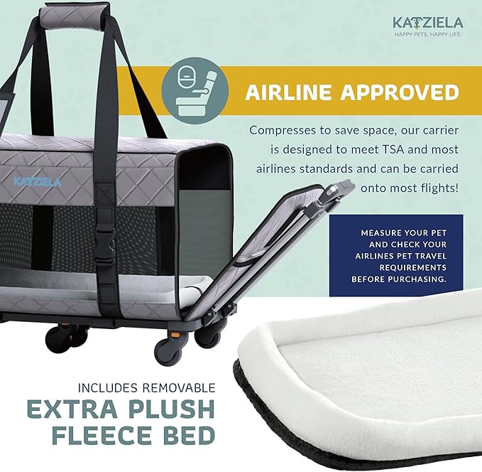 Pet Carrier Airline Approved - Dog Carrier with Wheels - TSA Airline Approved Dog Carrier - Rolling Pet Carrier with Wheels for Small to Medium Size Cat or Dog - Airplane Cabin Animal (Dark Grey)