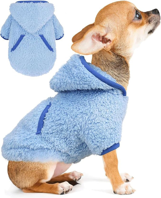 Small Dog Sweater Fleece Hoodie Girl Boy Winter Warm Puppy Clothes Chihuahua Teacup Yorkie Soft Stretchy Tiny Dog Outfits Cat Sweater Pet Clothing, Blue, M