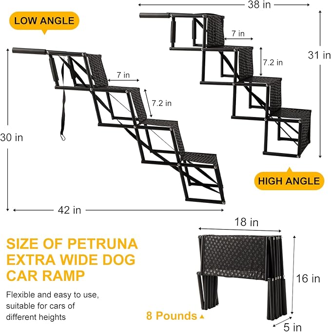 Dog Stairs for Car, Foldable Ramps for Large Dogs with Non-Slip Surface, Lightweight Aluminum, Portable Pet Steps for Trucks, Cars, SUVs, High Beds