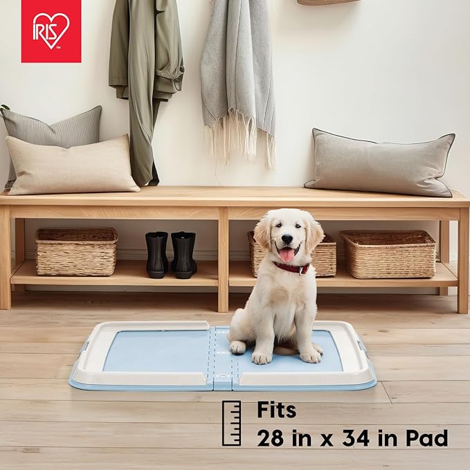 IRIS USA Pee Pad Holder - For Large Sized Puppy and Puppy Training Pads, Secured Latches, Non-Skid Feet, High Polish Finish for Easy Cleaning, Leak Protection, Fits 28"x 34" Pad or Larger, Square, Blue