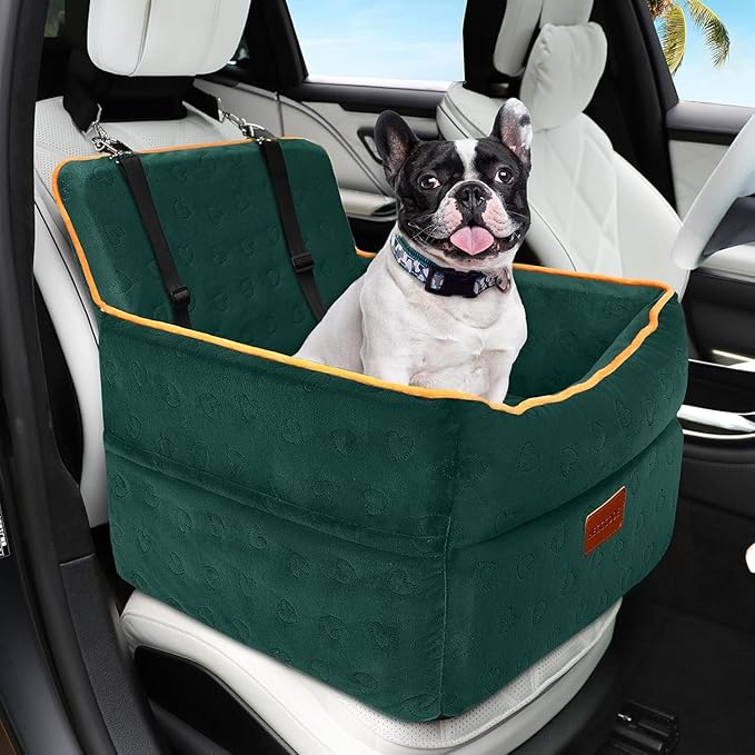 Dog Car Seat for Small Medium Dogs, Memory Foam Puppy Dog Booster Seat with Thick Cushion for Dogs Under 35lbs, Detachable Washable Pet Car Seat Travel Bed with Storage Pockets,2 Safety Belts