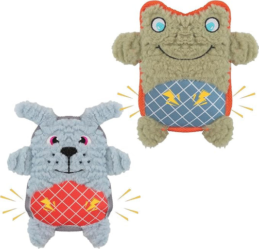 Crinkle Dog Toys Squeaky Plush No Stuffing Cute Puppy Stuffless Tough Rop Pull Toy, Fun Dog Stuffed Animals Durable Chew Set for Small Medium Large Pup (Large, Green Frog+Blue Dog)