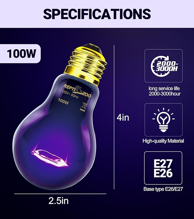 REPTI ZOO 2Pack Reptile Heat Lamp 100W Reptile Night Heat Bulb Night Heat Lamp Without UVA for Turtle Bearded Dragon Gecko Lizard and Snake E26/E27 Purple