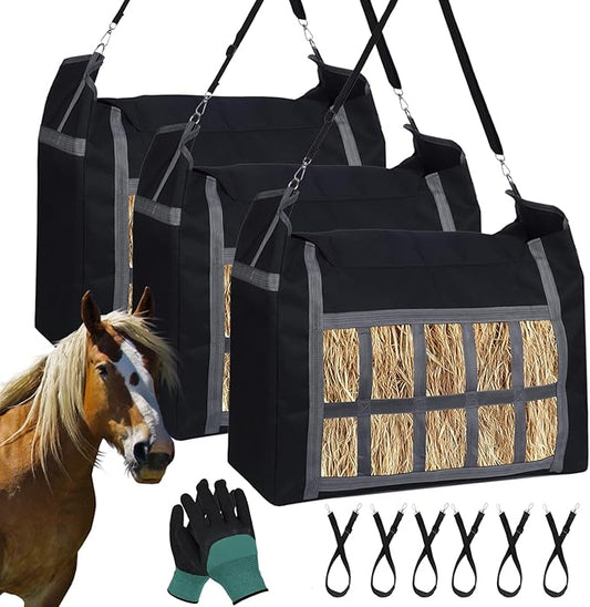 Hay Bags for Horses, 3 Pack Durable Large Capacity Horse Hay Feed Bags with Free Gloves, Slow Feed Hay Feeder for Goats/Sheep/Donkeys, Easy to Hang & Fill with Front Hay Nets Design