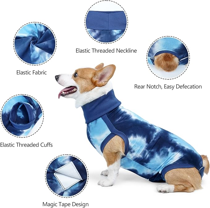 Dogs Onesie Suit for Male/Female Breathable Dog Recovery Tie Dye Pjs Wound After Surgery Wear, Prevent Licking Wounds, E-Collar & Cone Alternatives XL Blue2