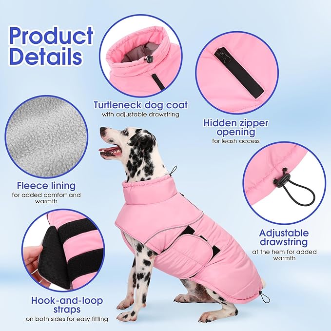 ASENKU Extra Warm Dog Coat - Winter Jacket with Fleece, Reflective, Adjustable, Zippered Leash Hole for Large Dogs, Turtleneck (Pink, 4XL)