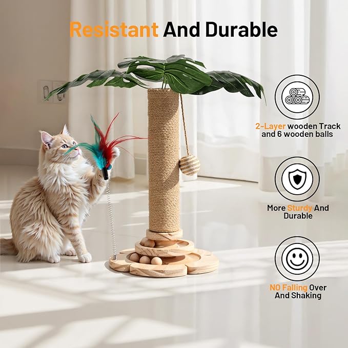 Cat Scratching Post for Indoor Cat Sisal Kitten Scratching Post with 3D Leaves,Hanging Ball,Wooden 2 Level Track,Interactive Toy