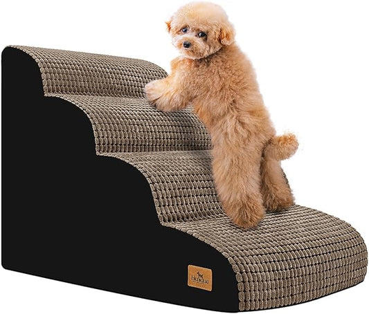 Dog Srairs for Small Dogs, 4-Step Dog Ramp for High Beds and Couch, Foam Dog Stairs with Durable Non-Slip Waterproof Fabric Cover, Brown Pet Stairs for Pets Joint