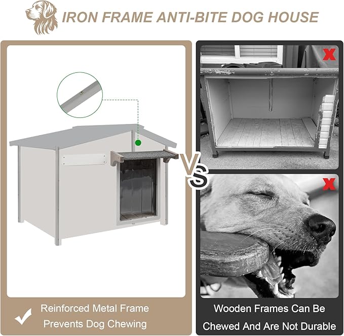 Outdoor Dog House with Chew-Proof Iron Frame, Wooden Dog Kennel Weatherproof，Removable Floor, Adjustable Vent Window, Easy Assembly for Large and Medium Dog 40.2" D x 26.4" W x 33.5" H