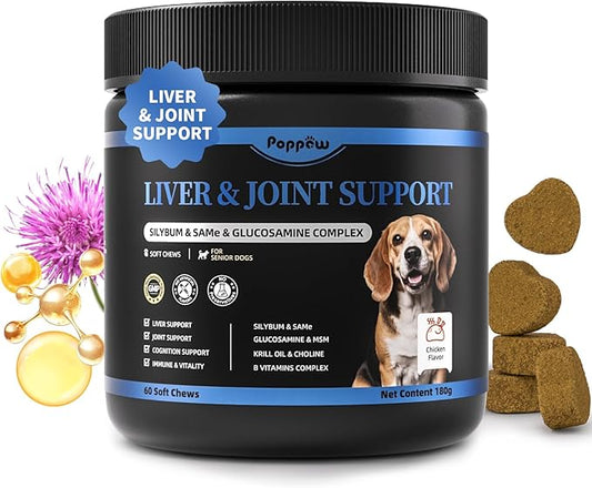 Liver Health Supplement for Senior Dogs - Joint Health Support with Silybum Marianum, SAMe, Krill Oil, Glucosamine, B Vitamins Complex, MSM, Choline for Old Dogs, Chicken Flavor - 60 Soft Chews