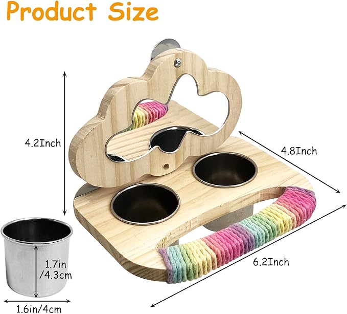 Tfwadmx Bird Parrot Wooden Feeding Cups Small Bird Feeding Dish Cups Stainless Steel Birds Bowls Food Water Bowls with Food Holder for Lovebirds Parakeet Macaw Finches