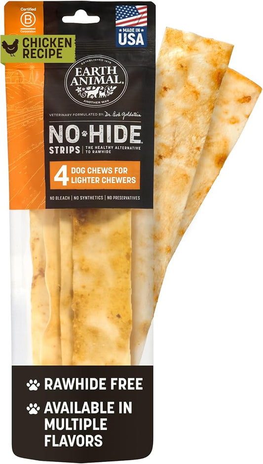 Earth Animal No Hide Strips Chicken Flavored Natural Treats | No Rawhide | Quick & Thin Dog Chews - 4 Count