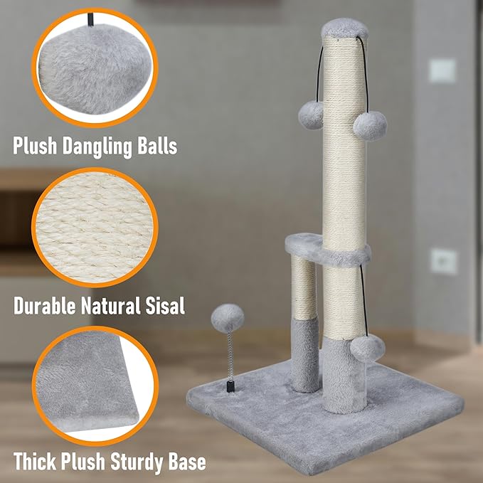 Dimaka Tall Cat Scratching Post, Double Lower Posts Extra Stable Cat Post Tree Scratcher with Sisal Rope and Teasing 4 Balls Total Large Base (Grey)