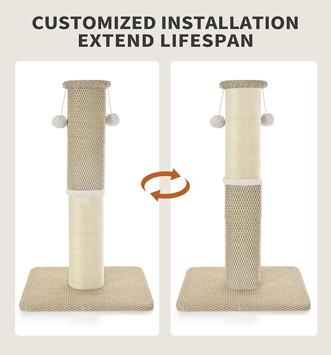 Made4Pets Tall Cat Scratching Post, Heavy Duty and Thicker Scratching Posts for Indoor Cats Adults, 33" Natural Sisal Cat Scratcher with Hanging Balls, Sturdy Base Cat Scratch Post, Beige