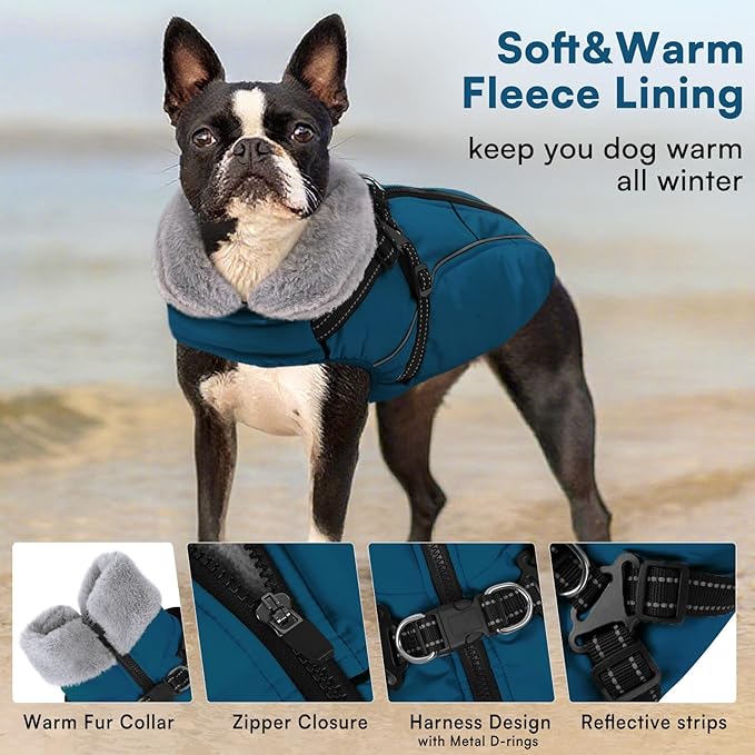 Queenmore Large Dog Coat, Dog Jacket for Extra Large Dogs with Harness Built in, Reflective Waterproof Dogs Jackets with Fleece Lining,Warm Snowsuit Pet Sweater for Doberman,Labrador,Blue,XXL