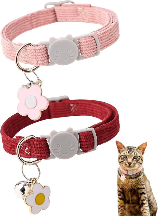 2 Pack Cat Collar with Bells, Corduroy Adjustable Kitten Collars with Breakaway Safety Buckle for Boy Girl Cats-Red Pink