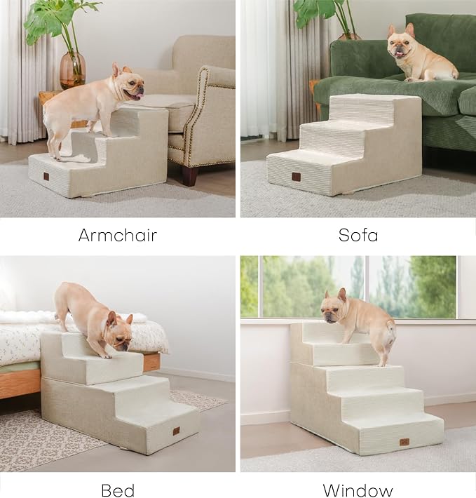 Dog Stairs for High Bed, Dog Steps for Bed Couch Sofa, 35D Foam Extra Wide Pet Steps for Small Dogs and Cats, Pet Stairs with Non-Slip Bottom Beige, 4 Steps