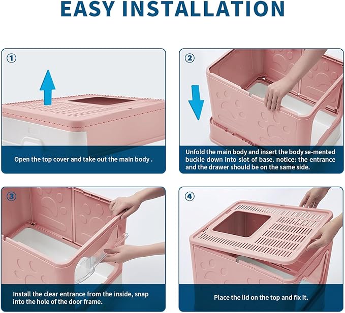Cat Litter Box with Litter Mat and Scoop, Large Foldable Litter Box with Lid, Front Entry Top Exit Kitty Box, Odor Control, Easy to Clean (Pink)