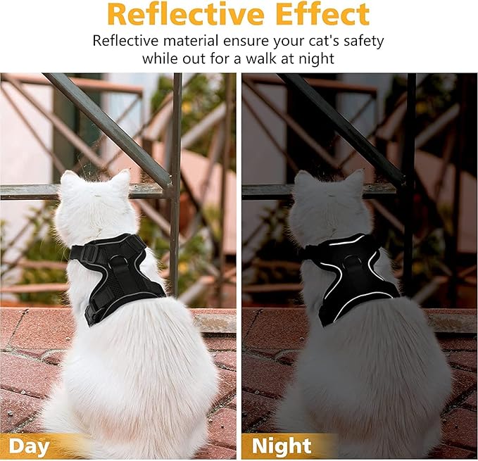 Dooradar Cat Harness and Leash Set, Escape Proof Safe Adjustable Kitten Vest Harnesses for Walking, Easy Control Soft Breathable Mesh Jacket with Reflective Strips for Cats, Black, S