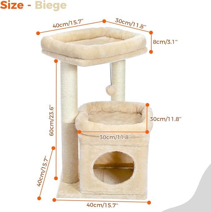 PEQULTI Cat Tree Cat Tower for Indoor Cats with Private Cozy Cat Condo, Natural Sisal Scratching Posts and Plush Pom-pom for Small Cats,Beige