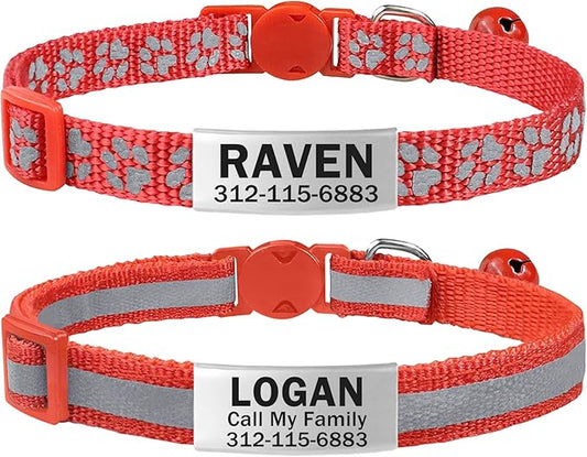 TagME 2 Pack Cat Collar with Name Tag, Personalized Reflective Cat Collar Breakaway with Bell for Boy & Girl Kitten, Red