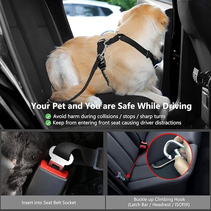 Dog Seat Belt, Safety Vest Dog Car Harness with Adjustable Buckle Dog Seat Belt for Vehicle Nylon Pet Safety Seat Belts Heavy Duty(L, Black Daisy)