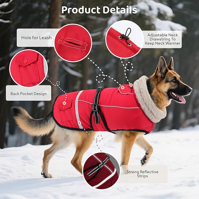 Dog Coat, Dog Winter Coat Jacket Waterproof for Large Dogs, Pet Vest Warm Fleece Cozy for Cold Weather, with Harness Built in Reflective, Dogs Snowsuit Windproof, Adjustable Buckle