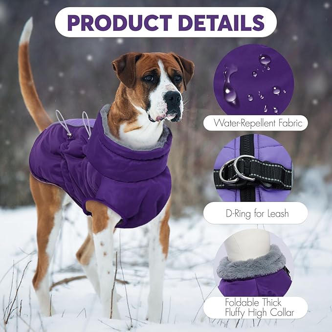 IDOMIK Warm Dog Coat with Harness Built-in, Thick Fleece Dog Winter Jacket with High Collar&Zipper, Waterproof Reflective Dogs Cold Weather Coats for Large Dogs, Pet Snow Jacket Vest(Purple,2XL)