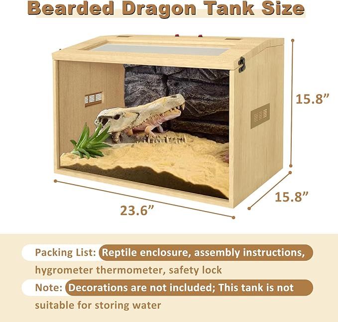 26 Gallon Bearded Dragon & Lizard Tank, Lockable Reptile Terrarium - Large Snake & Leopard Gecko Enclosure with Openable Roof Door (Wooden, 24" L x 16" W x 16" H)