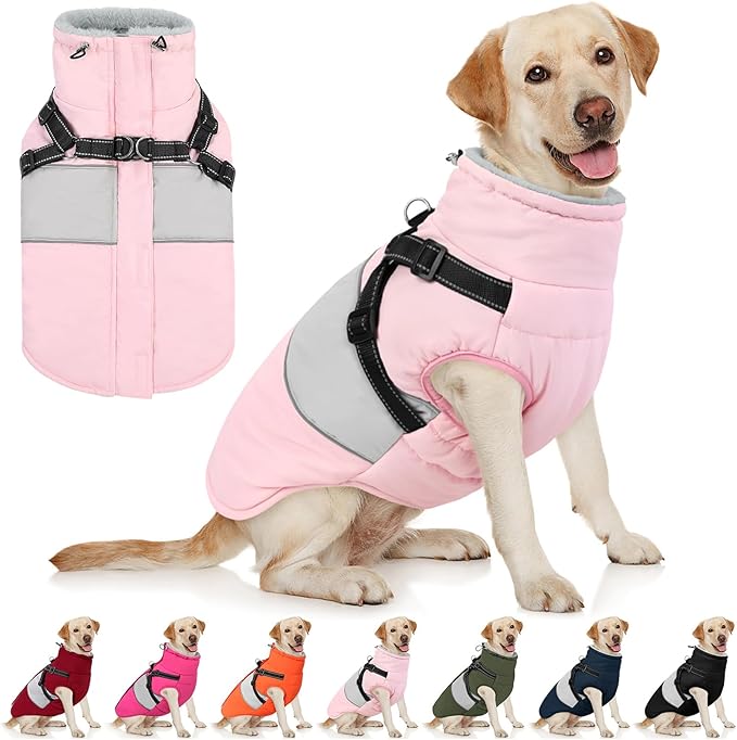 AOFITEE Dog Coat, Large Dog Jacket, Dogs Coat with Harness Built in, Reflective Waterproof Dogs Jackets Winter with Furry Collar, Warm Polar Fleece Pet Sweater Snowsuit for Doberman, Great Dane, XXL