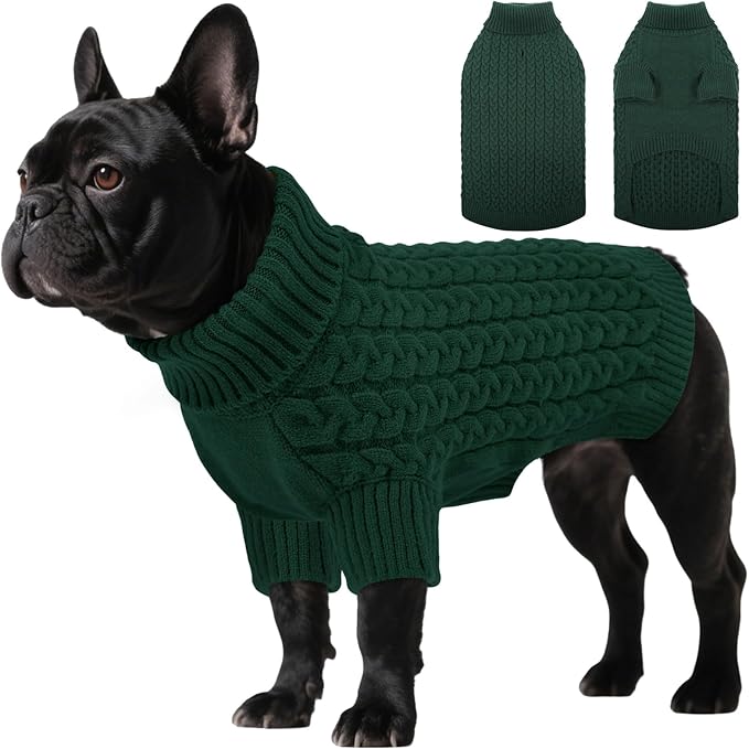 SAWMONG Dog Sweater, Dog Sweaters for Small Dogs Girls Boys, Pullover Turtleneck Knitted Doggy Sweatshirt, Cold Weather Pet Clothes（Green, Small