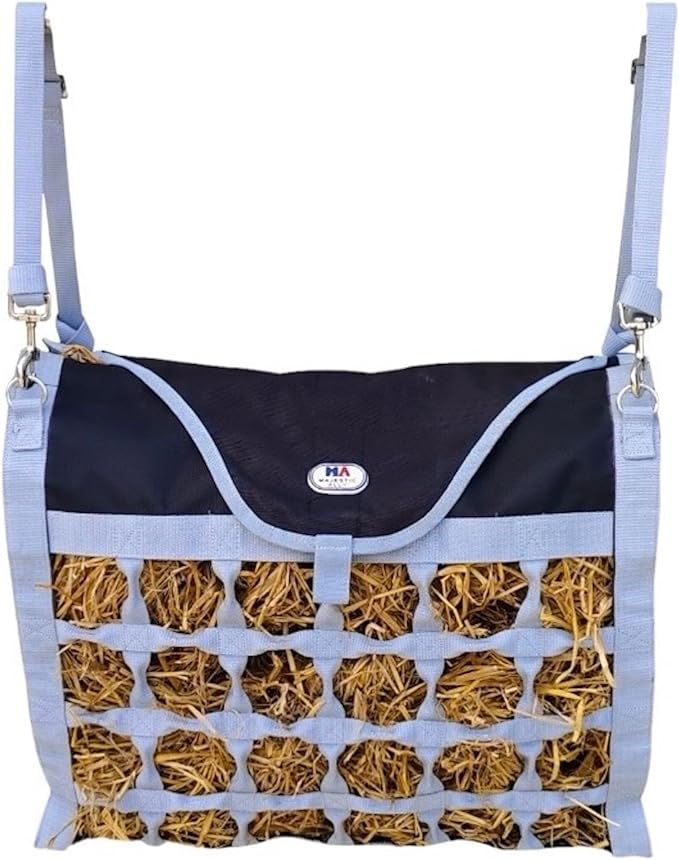 Majestic Ally Animal Health Hay Bag for Horses, 2.5" Holes, Top Load, Travel Feeder, Reduces Waste, 1 Year Warranty, Multiple Colors (Gray-Black)
