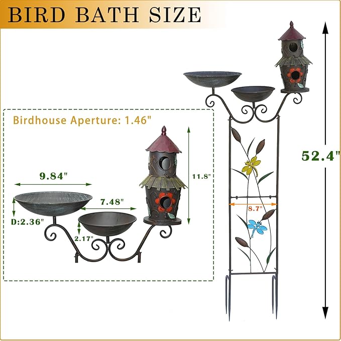 52.4" H Metal Bird Bath with Trellis for Outdoor,Bird Feeder and Metal Bird Houses,Garden Plant Support,4-in-1,Doubles As The Climbing Plant,Garden Yard Decor