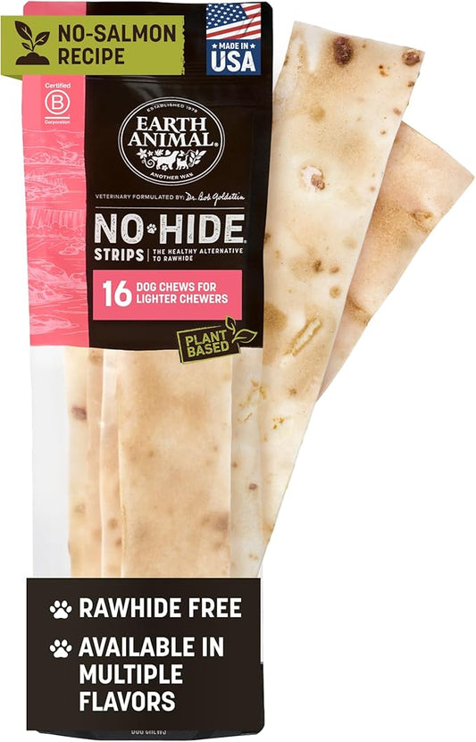 Earth Animal No Hide Strips Salmon Free Flavored Vegetarian Natural Treats | Non Rawhide | Quick & Thin Dog Chews - 16 Count