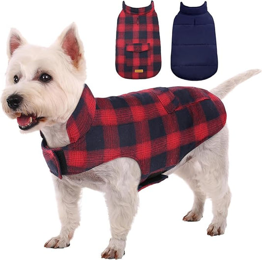Kuoser Dog Winter Coat, Reversible Dog Jacket, Warm Doggie Coat British Style Puppy Cold Weather Vest, Windproof Pet Clothes Vest for Small Dogs, Red S