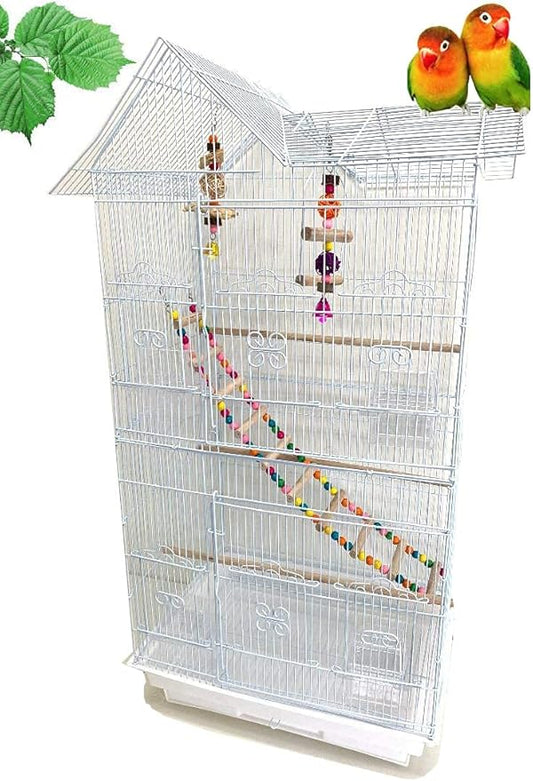 38-Inch Double Roof Top Large Flight Bird House Cage with Toys & Climbing Ladder for Cockatiels Parakeets Aviary Budgie Finch Lovebird Canary Pet Bird Travel Cage Side Nest Box Doors
