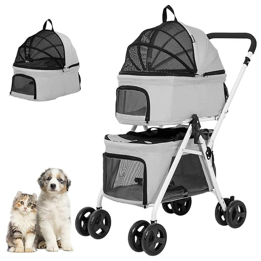 Double Dog Stroller with 2 Detachable Carrier, Portable Pet Stroller for Small Dogs & Cats Folding Lightweight Puppy Travel Carriage, 4 Wheels, Grey
