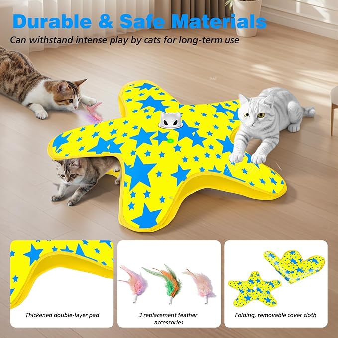 Interactive Cat Toys for Indoor Cats, Rechargeable Hide and Seek Cat Toy with Moving Concealed Feathers, Touch Activated Kitten Toys Cat Exercise Toys, Yellow Blue Cover