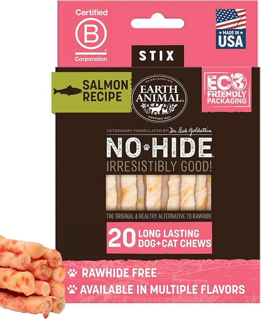 Earth Animal No-Hide Stix Salmon Recipe Natural Rawhide Alternative Dog & Cat Chews - 20 Count Value Pack