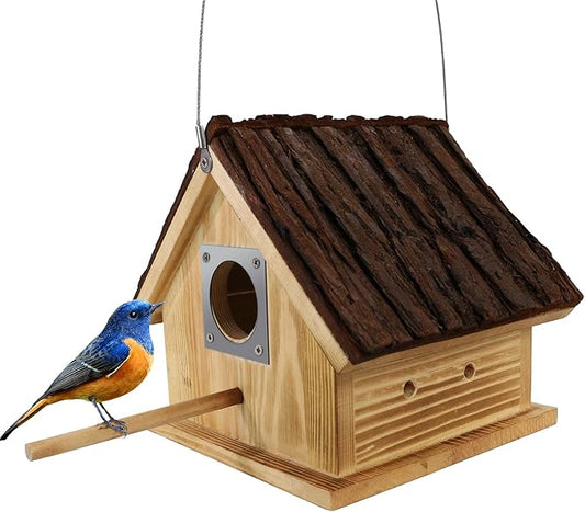 Wooden Bird Houses for Outside Hanging – Natural Pine Birdhouses for Outdoors with Bark Roof, Bluebird Nesting Box with Predator Guard for Wrens, Finches, Swallows, Nuthatches, Pre-Assembled