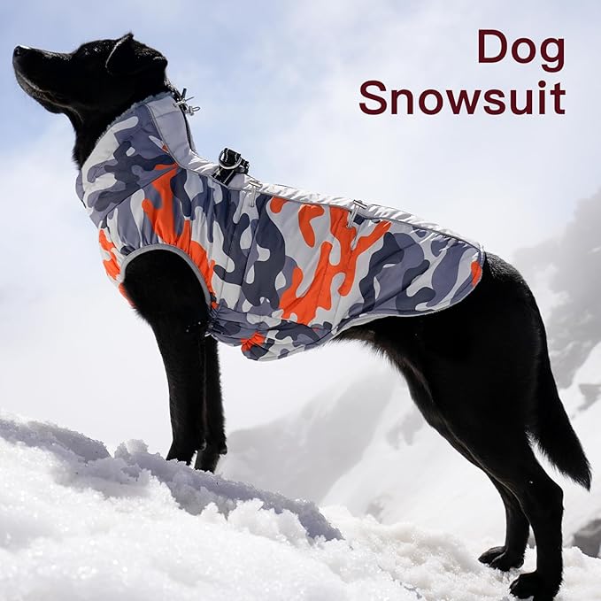 Dog Coat for Large Dogs, Dog Winter Jacket-X Large Warm Dog Coat with Harness Reflective Dog Vest Water-Resistant Dog Snowsuit Dog Snow Jacket for Large Dogs Beagle, Corgi, Orange-Camouflage
