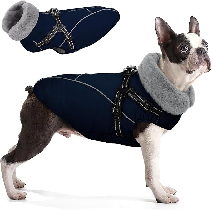 Queenmore Dog Coat with Harness Built in,Dog Winter Jackets for Large Dogs Boys Girls,Waterproof Dogs Snowsuits with Zipper On Back,Warm Fleece lining Cold Weather Coats With Furry Collar,Navy Blue,XL