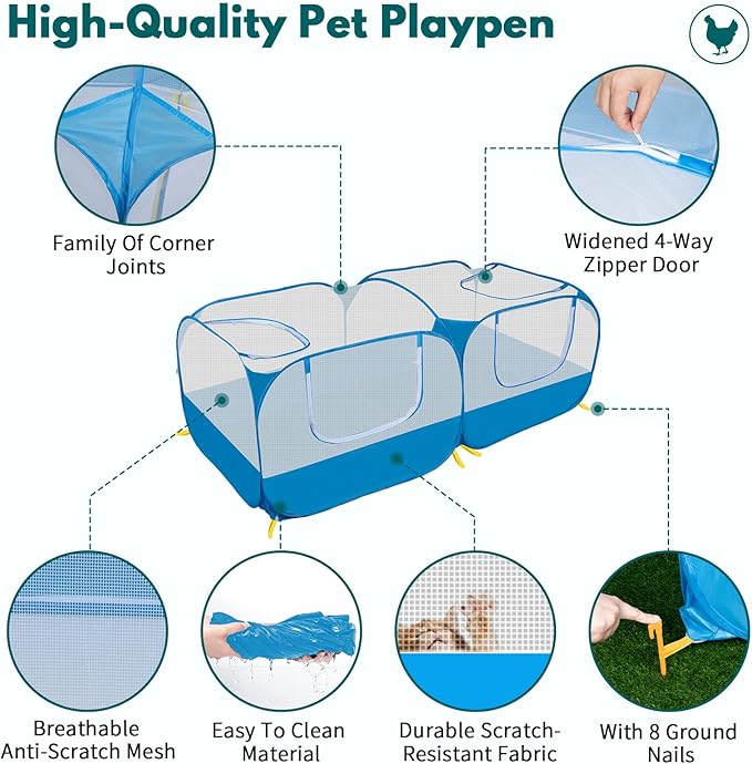 Small Pet Animals Playpen, Cage Tent Enclosure Large Chicken Run Coop with Breathable Transparent Mesh Walls Pop Open Indoor Outdoor Exercise Yard Fence for Chicks and Cat. Blue