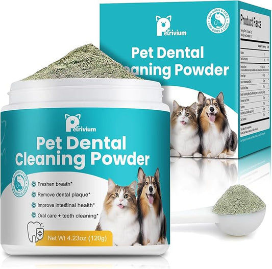 Dog Teeth Cleaning Powder, Dog Dental Powder for Teeth Cleaning and Dog Breath Fresh, Bad Breath Fresher & Tartar Remover with Enzyme, Probiotics. Plaque Off Pet Tooth Cleaning 120 Grams 60 Servings