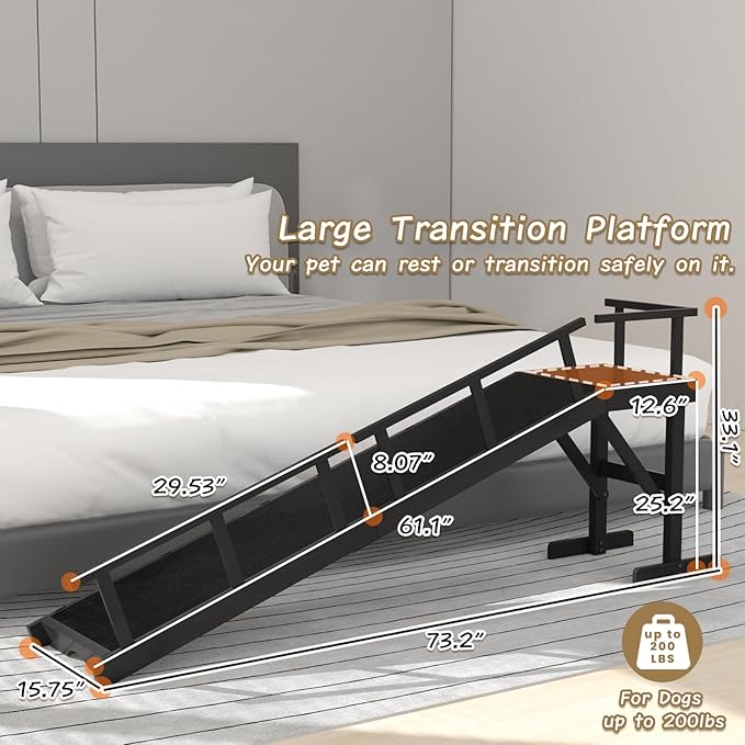 73" Dog Ramp for Bed, Pet Ramp with Removable Side Rail and Non-Slip Surface, Pet Ramp for Small & Large & Senior Dogs with Rest Platform and DIY Glow Strips,Dog Stairs for Couch, Black