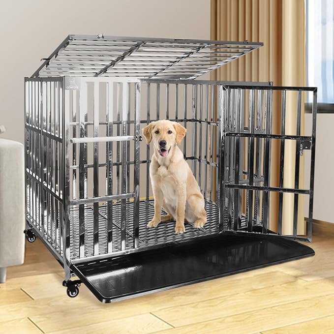 42" Stainless Steel Dog Crate Pet Kennel Foldable Dog Kennels Dog Cage Pet Playpen with Lockable Wheel, Tray for Medium and Large Dogs