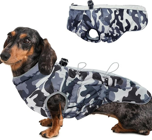 Dog Coat Dog Winter Jacket-Large, Warm Dog Coat Zip Up Snowsuit Dog Harness Vest Reflective Water-Resistant Dog Coat Dog Snow Jacket for Large Dogs French Bulldog, Pug, Grey-Camouflage