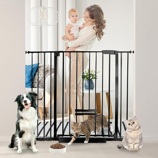 30 Inch Tall Baby Gate with Small Cat Door, Adjustable Auto Close Dog Gate Easy Walk Thru Pet Door for Stairs, Doorway, House (Black, 29.52"-43.71")