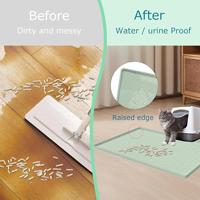 Cat Litter Mat, Silicone Large Cat Litter Trapping Mat for Litter Box - 31x22 in, Waterproof & Non-Slip, Durable & Easy Clean, Green